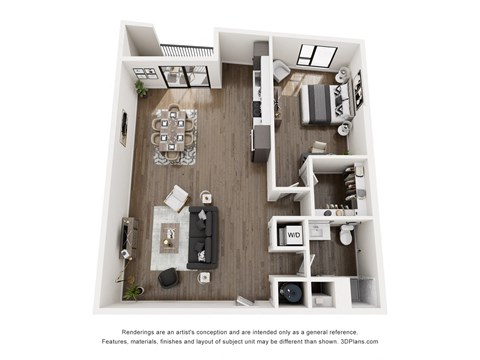 A 3D floor plan of a small apartment with a kitchen, living room, and bedroom.
